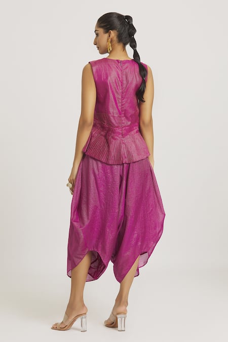 Shop_Urvashi Kaur_Fuchsia Tissue, Silk Embroidery Round Neck Stripe Woven Pleated Peplum Top _at_Aza_Fashions