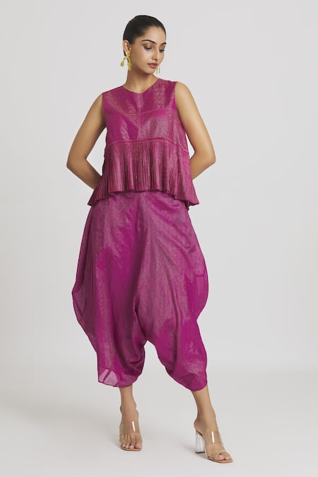 Shop_Urvashi Kaur_Fuchsia Tissue Zari Silk Woven Stripe Dhoti Pant  _at_Aza_Fashions