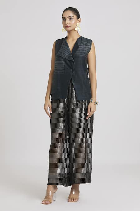 Urvashi Kaur Black Chanderi Silk Open Neck Stripe Woven Waistcoat Online at Aza Fashions Urvashi Kaur_Black Chanderi Silk Open Neck Stripe Woven Waistcoat _Online_at_Aza_Fashions