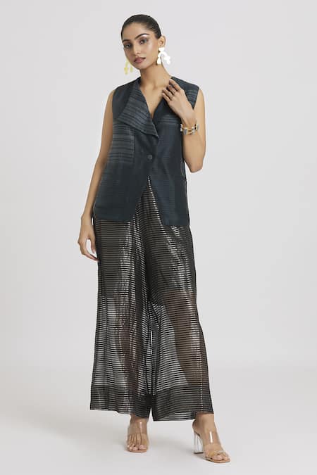 Buy Urvashi Kaur Black Chanderi Silk Open Neck Stripe Woven Waistcoat Online at Aza Fashions Buy_Urvashi Kaur_Black Chanderi Silk Open Neck Stripe Woven Waistcoat _Online_at_Aza_Fashions