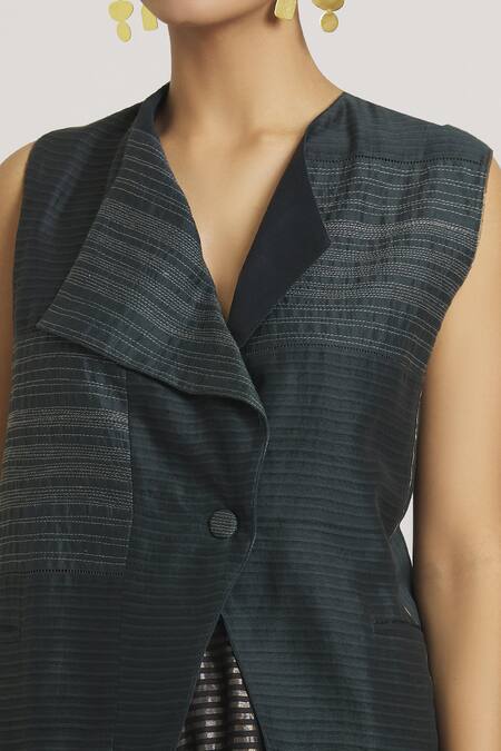 Shop Urvashi Kaur Black Chanderi Silk Open Neck Stripe Woven Waistcoat Online at Aza Fashions Shop_Urvashi Kaur_Black Chanderi Silk Open Neck Stripe Woven Waistcoat _Online_at_Aza_Fashions