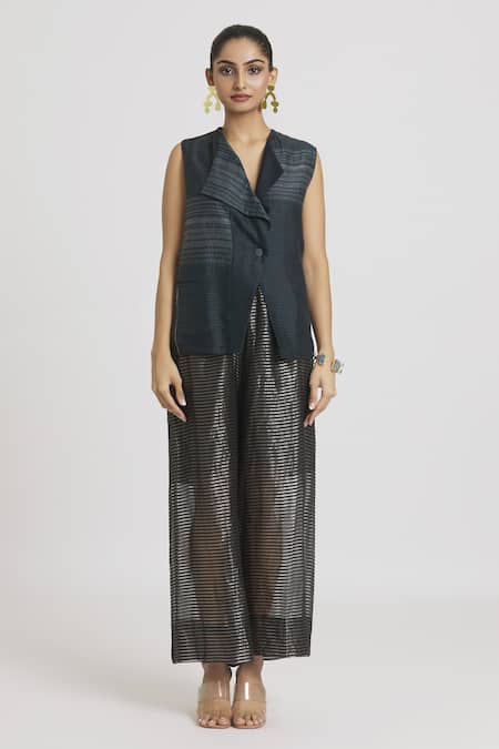 Urvashi Kaur Black Chanderi Silk Open Neck Stripe Woven Waistcoat at Aza Fashions Urvashi Kaur_Black Chanderi Silk Open Neck Stripe Woven Waistcoat _at_Aza_Fashions