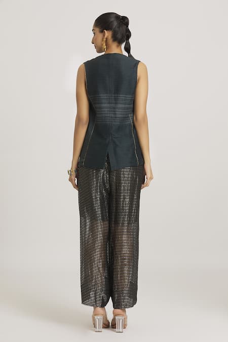 Shop Urvashi Kaur Black Chanderi Silk Open Neck Stripe Woven Waistcoat at Aza Fashions Shop_Urvashi Kaur_Black Chanderi Silk Open Neck Stripe Woven Waistcoat _at_Aza_Fashions