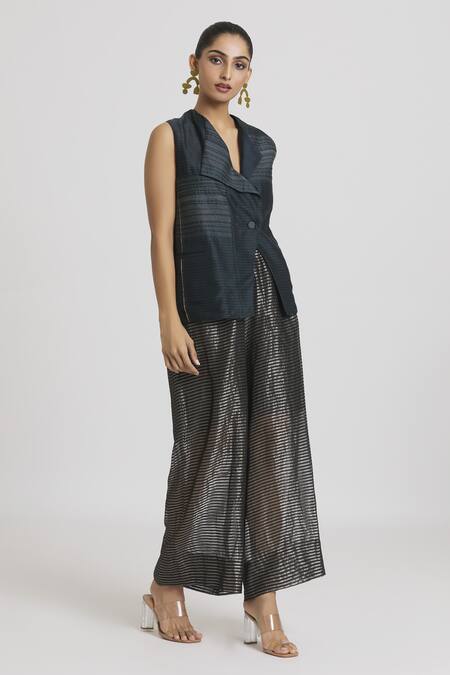 Urvashi Kaur Black Silk Stripe Woven Wide Legged Pant Online at Aza Fashions Urvashi Kaur_Black Silk Stripe Woven Wide Legged Pant _Online_at_Aza_Fashions