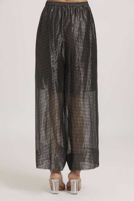 Buy Urvashi Kaur Black Silk Stripe Woven Wide Legged Pant Online at Aza Fashions Buy_Urvashi Kaur_Black Silk Stripe Woven Wide Legged Pant _Online_at_Aza_Fashions