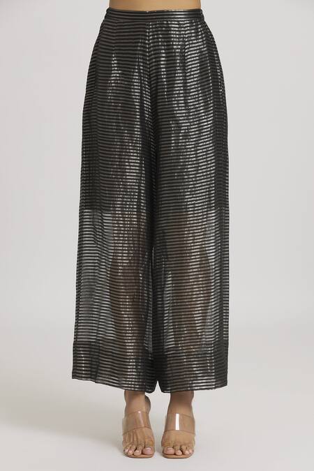 Shop Urvashi Kaur Black Silk Stripe Woven Wide Legged Pant Online at Aza Fashions Shop_Urvashi Kaur_Black Silk Stripe Woven Wide Legged Pant _Online_at_Aza_Fashions