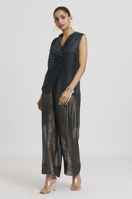 Shop Urvashi Kaur Black Silk Stripe Woven Wide Legged Pant at Aza Fashions Shop_Urvashi Kaur_Black Silk Stripe Woven Wide Legged Pant _at_Aza_Fashions