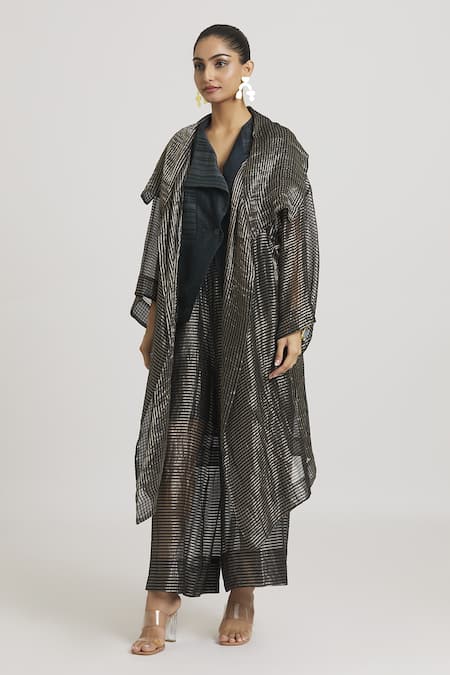 Urvashi Kaur Black Silk Open Neck Stripe Woven Overlay Online at Aza Fashions Urvashi Kaur_Black Silk Open Neck Stripe Woven Overlay _Online_at_Aza_Fashions