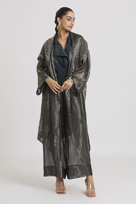 Buy Urvashi Kaur Black Silk Open Neck Stripe Woven Overlay Online at Aza Fashions Buy_Urvashi Kaur_Black Silk Open Neck Stripe Woven Overlay _Online_at_Aza_Fashions