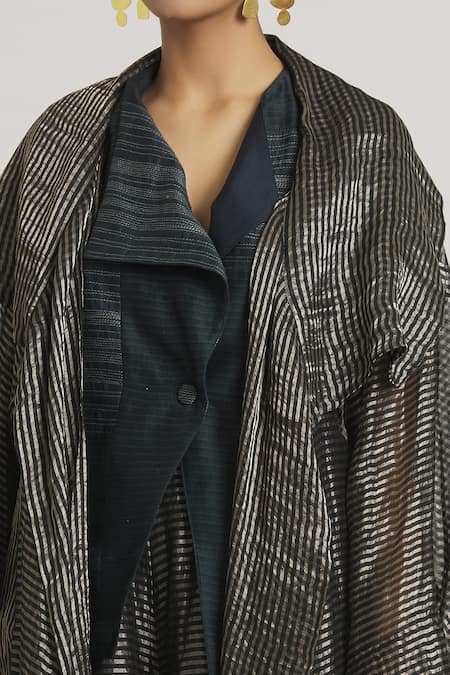 Shop Urvashi Kaur Black Silk Open Neck Stripe Woven Overlay Online at Aza Fashions Shop_Urvashi Kaur_Black Silk Open Neck Stripe Woven Overlay _Online_at_Aza_Fashions