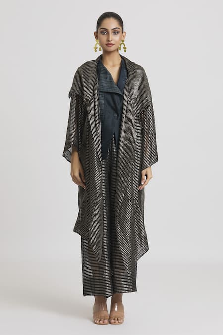 Urvashi Kaur Black Silk Open Neck Stripe Woven Overlay at Aza Fashions Urvashi Kaur_Black Silk Open Neck Stripe Woven Overlay _at_Aza_Fashions