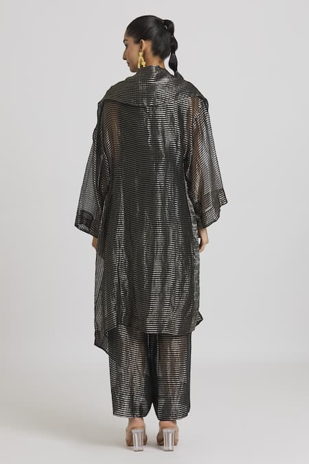 Shop Urvashi Kaur Black Silk Open Neck Stripe Woven Overlay at Aza Fashions Shop_Urvashi Kaur_Black Silk Open Neck Stripe Woven Overlay _at_Aza_Fashions