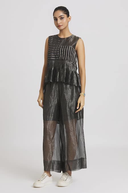 Urvashi Kaur Black Silk Embroidery Round Neck Stripe Woven Peplum Top Online at Aza Fashions Urvashi Kaur_Black Silk Embroidery Round Neck Stripe Woven Peplum Top _Online_at_Aza_Fashions