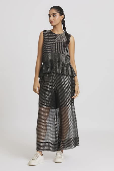 Buy Urvashi Kaur Black Silk Embroidery Round Neck Stripe Woven Peplum Top Online at Aza Fashions Buy_Urvashi Kaur_Black Silk Embroidery Round Neck Stripe Woven Peplum Top _Online_at_Aza_Fashions