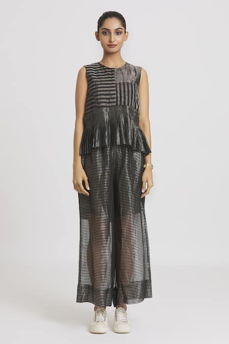 Urvashi Kaur Black Silk Embroidery Round Neck Stripe Woven Peplum Top at Aza Fashions Urvashi Kaur_Black Silk Embroidery Round Neck Stripe Woven Peplum Top _at_Aza_Fashions