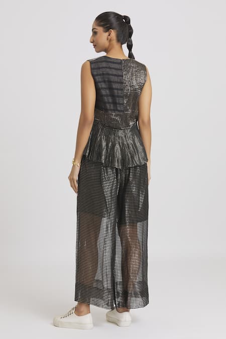 Shop Urvashi Kaur Black Silk Embroidery Round Neck Stripe Woven Peplum Top at Aza Fashions Shop_Urvashi Kaur_Black Silk Embroidery Round Neck Stripe Woven Peplum Top _at_Aza_Fashions