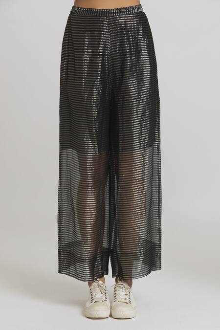 Shop_Urvashi Kaur_Black Silk Woven Wide Legged Pant _Online_at_Aza_Fashions