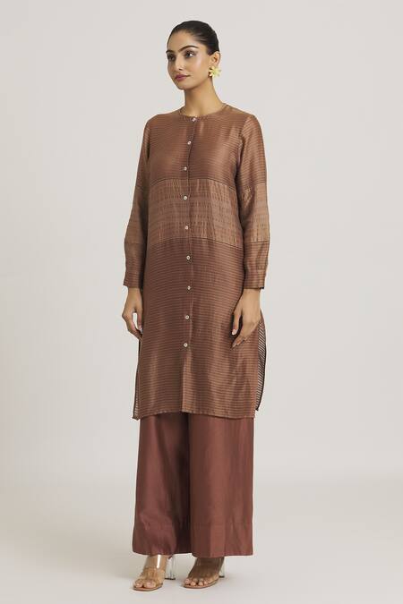 Urvashi Kaur_Brown Chanderi Silk Embroidery Round Neck Woven Tunic _Online_at_Aza_Fashions