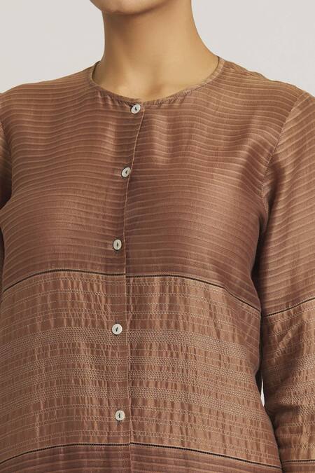 Shop_Urvashi Kaur_Brown Chanderi Silk Embroidery Round Neck Woven Tunic _Online_at_Aza_Fashions