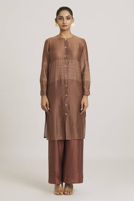 Urvashi Kaur_Brown Chanderi Silk Embroidery Round Neck Woven Tunic _at_Aza_Fashions