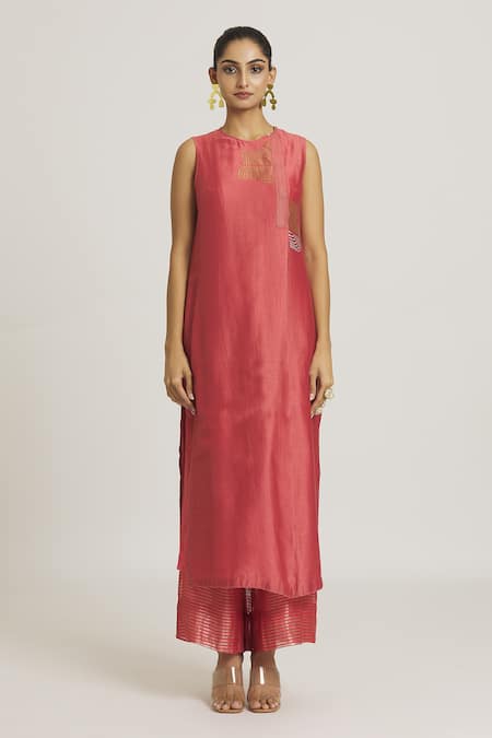 Shop Urvashi Kaur Coral Chanderi Silk Embroidery Round Neck Placement Printed Tunic Online at Aza Fashions Shop_Urvashi Kaur_Coral Chanderi Silk Embroidery Round Neck Placement Printed Tunic _Online_at_Aza_Fashions