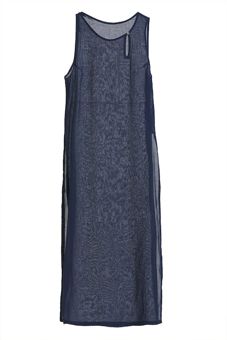 Shop_Urvashi Kaur_Blue Chanderi Silk Embroidery Round Neck Straight Tunic _Online_at_Aza_Fashions