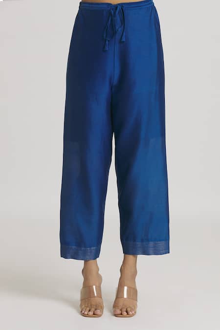 Buy_Urvashi Kaur_Blue Chanderi Silk Zari Work Bordered Pant _Online_at_Aza_Fashions