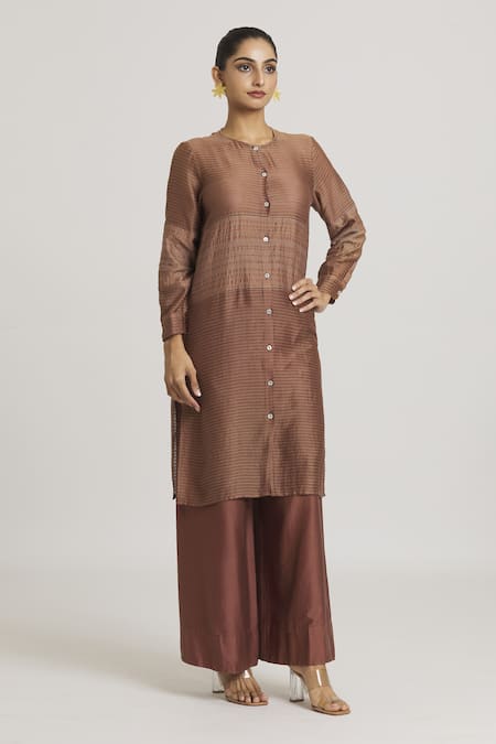 Urvashi Kaur_Brown Chanderi Silk Plain Pant _Online_at_Aza_Fashions