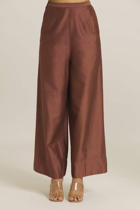 Shop_Urvashi Kaur_Brown Chanderi Silk Plain Pant _Online_at_Aza_Fashions