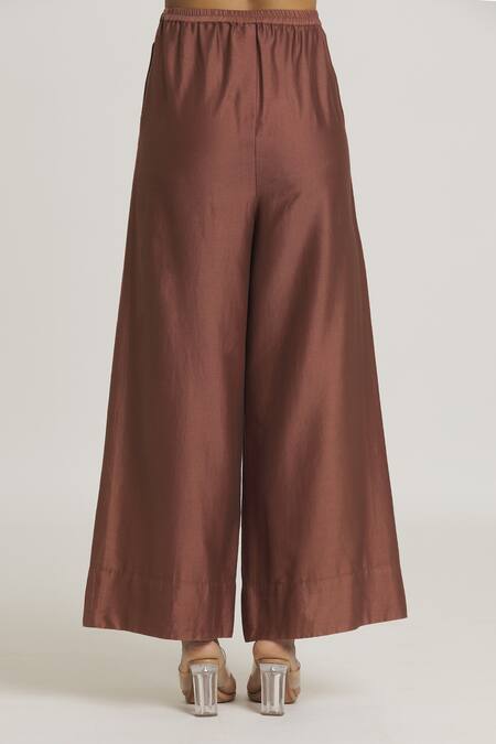 Urvashi Kaur_Brown Chanderi Silk Plain Pant _at_Aza_Fashions