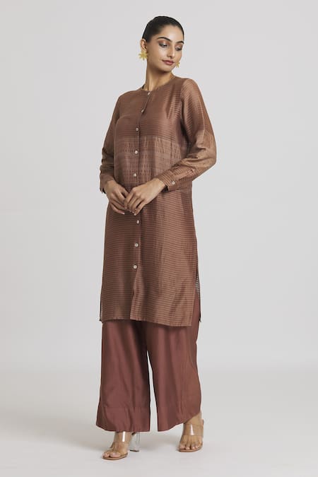 Shop_Urvashi Kaur_Brown Chanderi Silk Plain Pant _at_Aza_Fashions
