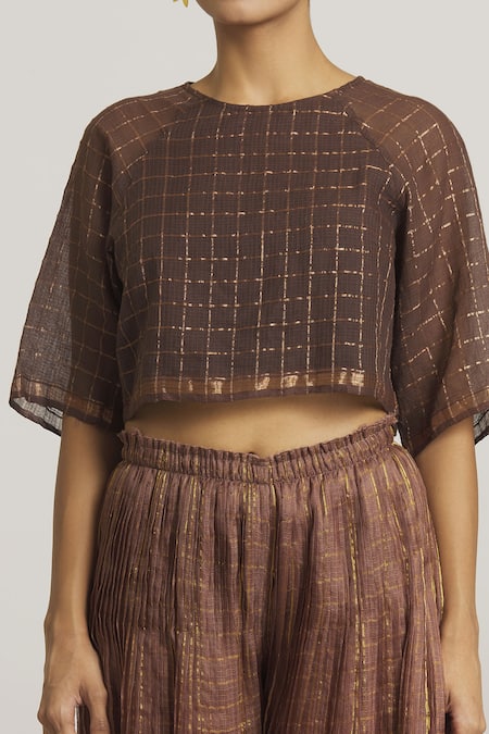 Shop Urvashi Kaur Brown Kota Doria, Cotton Zari Round Neck Checkered Pattern Crop Top Online at Aza Fashions Shop_Urvashi Kaur_Brown Kota Doria, Cotton Zari Round Neck Checkered Pattern Crop Top _Online_at_Aza_Fashions