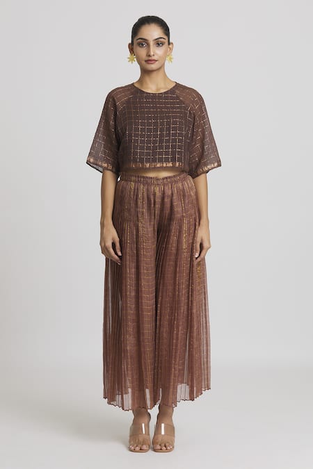 Urvashi Kaur Brown Kota Doria, Cotton Zari Round Neck Checkered Pattern Crop Top at Aza Fashions Urvashi Kaur_Brown Kota Doria, Cotton Zari Round Neck Checkered Pattern Crop Top _at_Aza_Fashions