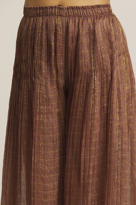 Buy_Urvashi Kaur_Brown Zari Kota Silk Checkered Pleated Wide Legged Pant _Online_at_Aza_Fashions