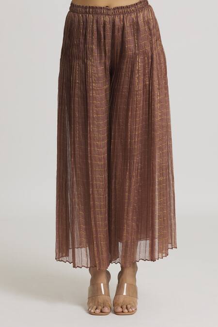 Shop_Urvashi Kaur_Brown Zari Kota Silk Checkered Pleated Wide Legged Pant _Online_at_Aza_Fashions