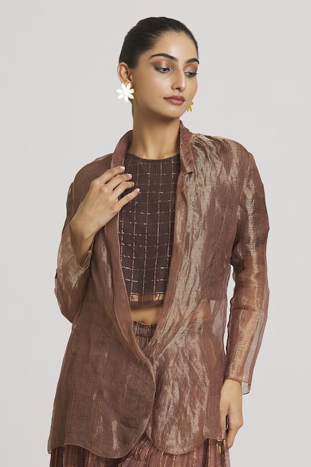 Urvashi Kaur_Brown Silk, Kota Doria Checkered Pattern Blazer _Online_at_Aza_Fashions