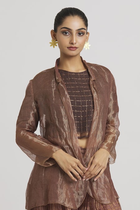 Buy_Urvashi Kaur_Brown Silk, Kota Doria Checkered Pattern Blazer _Online_at_Aza_Fashions