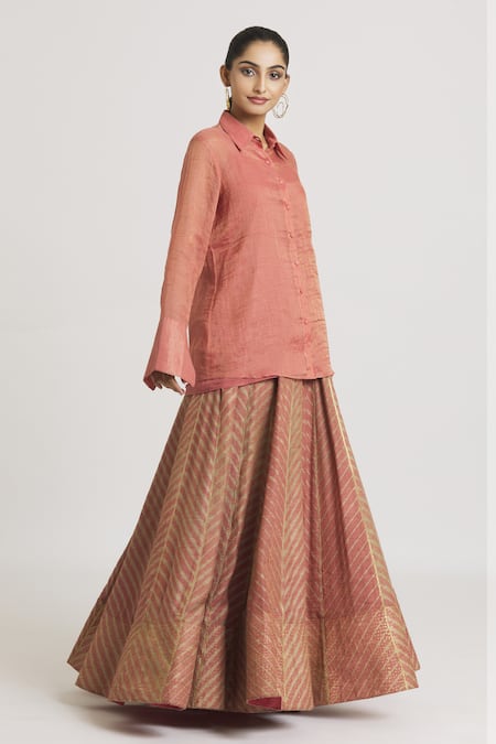 Urvashi Kaur_Coral Tissue Chevron Block Print Skirt _Online_at_Aza_Fashions
