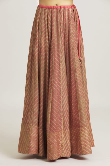 Buy_Urvashi Kaur_Coral Tissue Chevron Block Print Skirt _Online_at_Aza_Fashions