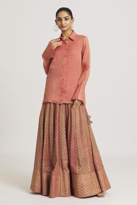 Urvashi Kaur_Coral Tissue, Silk Zari Collared Embroidered Cuff Sleeve Shirt _Online_at_Aza_Fashions