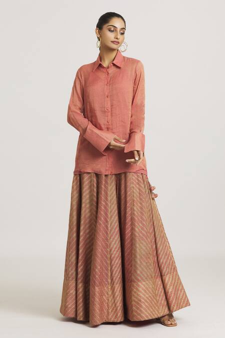 Buy_Urvashi Kaur_Coral Tissue, Silk Zari Collared Embroidered Cuff Sleeve Shirt _Online_at_Aza_Fashions