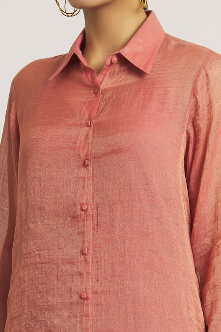 Shop_Urvashi Kaur_Coral Tissue, Silk Zari Collared Embroidered Cuff Sleeve Shirt _Online_at_Aza_Fashions