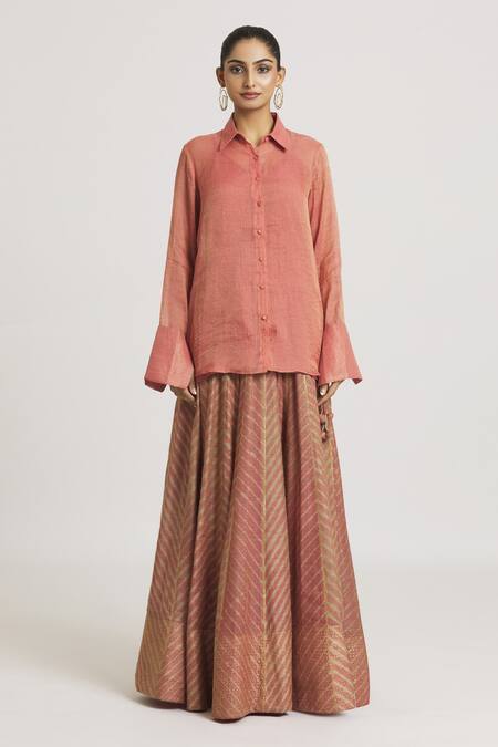 Urvashi Kaur_Coral Tissue, Silk Zari Collared Embroidered Cuff Sleeve Shirt _at_Aza_Fashions