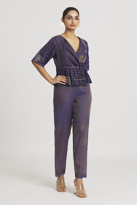 Urvashi Kaur_Purple Silk, Kota Doria Embroidery Collared Block Print Peplum Top _Online_at_Aza_Fashions