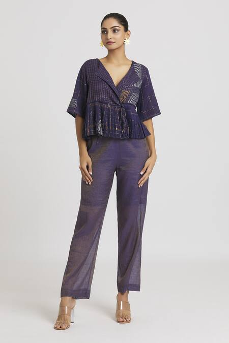 Buy_Urvashi Kaur_Purple Silk, Kota Doria Embroidery Collared Block Print Peplum Top _Online_at_Aza_Fashions