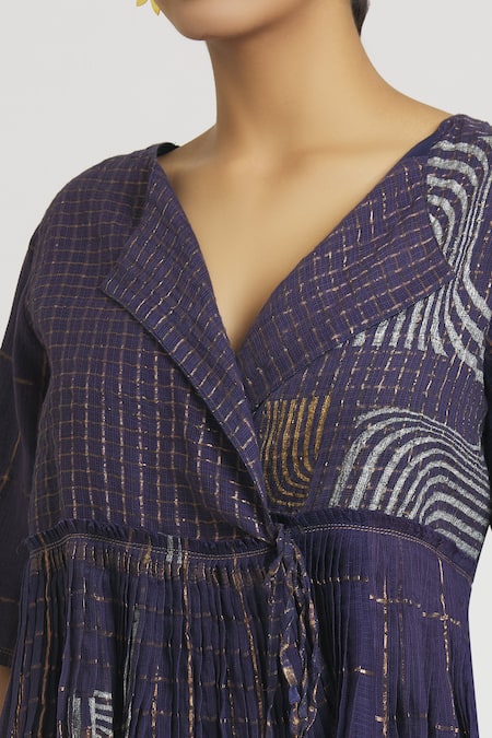 Shop_Urvashi Kaur_Purple Silk, Kota Doria Embroidery Collared Block Print Peplum Top _Online_at_Aza_Fashions