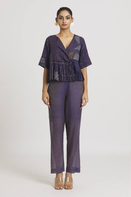 Urvashi Kaur_Purple Silk, Kota Doria Embroidery Collared Block Print Peplum Top _at_Aza_Fashions