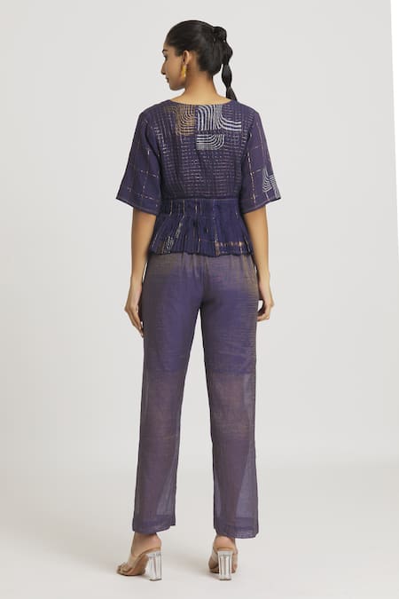 Shop_Urvashi Kaur_Purple Silk, Kota Doria Embroidery Collared Block Print Peplum Top _at_Aza_Fashions
