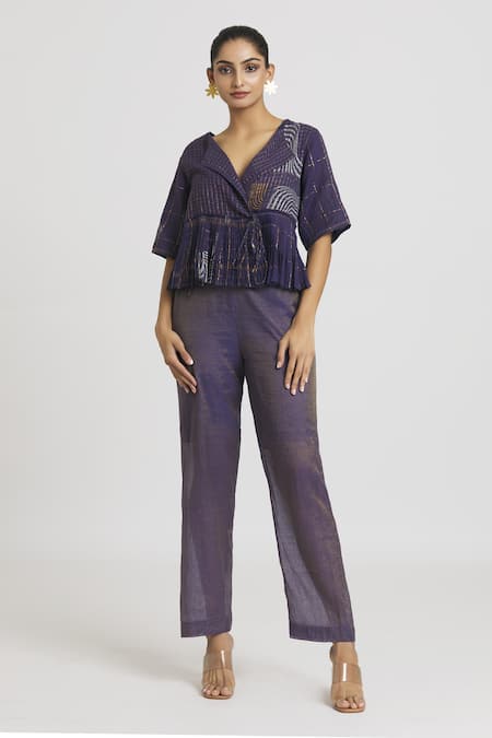 Urvashi Kaur_Purple Tissue Cotton Silk Woven Zari Work Metallic Straight Pant  _Online_at_Aza_Fashions