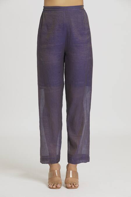 Shop_Urvashi Kaur_Purple Tissue Cotton Silk Woven Zari Work Metallic Straight Pant  _Online_at_Aza_Fashions